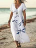 Women Dragonfly Short Sleeve Summer Printing Dress V Neck Daily Casual Maxi X-Line Dress
