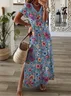 Women Floral Short Sleeve Summer Printing Dress V Neck Daily Casual Maxi T-Shirt Dress X-Line Dress