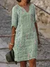 Women Striped Half Sleeve Summer Printing Dress V Neck Daily Casual Mini Shift Dress H-Line Dress