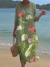 Women Floral Half Sleeve Summer Printing Dress Crew Neck Daily Casual Maxi H-Line Dress
