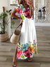 Women Floral Short Sleeve Summer Printing Dress V Neck Daily Casual Maxi T-Shirt Dress X-Line Dress