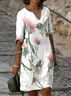 Women Floral Half Sleeve Summer Printing Dress V Neck Daily Casual Mini Shift Dress H-Line Dress
