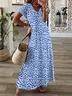 Women Geometric Short Sleeve Summer Printing Dress V Neck Daily Casual Maxi T-Shirt Dress X-Line Dress