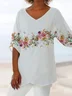 Women Floral Short Sleeve Shirt Summer Printing V Neck Daily Casual Top