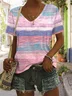 Women Striped Short Sleeve Tee T-shirt V Neck Casual Summer Top