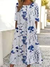 Women Floral Short Sleeve Summer Printing Dress Crew Neck Daily Casual Maxi Shift Dress H-Line Dress