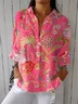 Women Floral Three Quarter Sleeve Shirt Spring/Fall Shirt Collar Holiday Casual Top