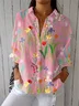 Women Floral Three Quarter Sleeve Shirt Spring/Fall Shirt Collar Holiday Casual Top