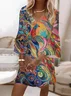 Women Phoenix Half Sleeve Summer Printing Dress V Neck Daily Casual Midi Classic H-Line Dress