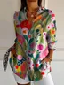 Women Floral Long Sleeve Shirt Spring/Fall Buckle Shirt Collar Daily Casual Top