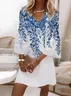 Women Floral Half Sleeve Summer Printing Dress V Neck Daily Casual Midi Classic H-Line Dress