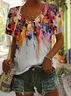 Women Colorblock Short Sleeve Tee T-shirt V Neck Printing Casual Summer Graphic Tee Top