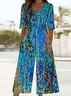 Women Abstract V Neck Half Sleeve Casual Summer Jumpsuit