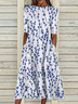 Women Floral Half Sleeve Summer Printing Dress Crew Neck Daily Casual Maxi A-Line Dress
