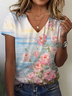 Women Floral Short Sleeve Tee T-shirt V Neck Printing Casual Summer Graphic Tee Top