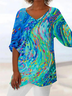 Women Abstract Short Sleeve Shirt Summer Printing V Neck Daily Casual Top