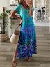 Women Floral Short Sleeve Summer Printing Dress V Neck Daily Casual Maxi X-Line Dress