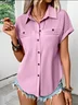 Women Plain Short Sleeve Tee T-shirt Shawl Collar Casual Summer Top