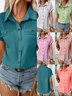 Women Plain Short Sleeve Tee T-shirt Shawl Collar Casual Summer Top