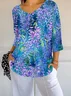 Women Floral Three Quarter Sleeve Tee T-shirt V Neck Printing Casual Spring/Fall Graphic Tee Top