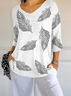 Women Feather Three Quarter Sleeve Tee T-shirt V Neck Printing Casual Spring/Fall Graphic Tee Top