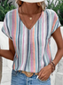 Women Striped Short Sleeve Tee T-shirt V Neck Printing Casual Summer Top