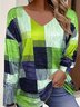 Women's Long Sleeve Tee T-shirt Spring/Fall Multicolor Block Printing V Neck Casual Graphic Tee Top