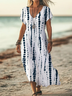 Women Striped Short Sleeve Summer Printing Dress V Neck Daily Casual Maxi X-Line Dress