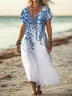 Women Floral Short Sleeve Summer Printing Dress V Neck Daily Casual Maxi X-Line Dress