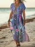 Women Floral Short Sleeve Summer Printing Dress V Neck Daily Casual Maxi X-Line Dress