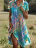 Women Floral Short Sleeve Summer Dress Shirt Collar Daily Casual Midi A-Line Dress