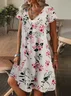 Women Floral Short Sleeve Summer Printing Dress V Neck Daily Casual Knee Length T-Shirt Dress H-Line Dress