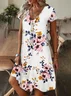 Women Floral Short Sleeve Summer Printing Dress V Neck Daily Casual Knee Length T-Shirt Dress H-Line Dress