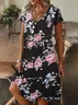 Women Floral Short Sleeve Summer Printing Dress V Neck Daily Casual Knee Length T-Shirt Dress H-Line Dress