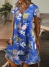 Women Floral Short Sleeve Summer Printing Dress V Neck Daily Casual Knee Length T-Shirt Dress H-Line Dress