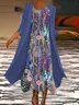 Women Floral Printing Two-Piece Set Daily Three Quarter Sleeve Casual Spring/Fall Dress With Coat Matching Set