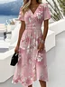 Women Floral Short Sleeve Summer Dress V Neck Daily Casual Maxi Beach Dress A-Line Dress