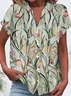 Women Floral Short Sleeve Shirt Summer Buckle V Neck Daily Casual Top