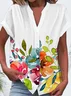 Women Floral Short Sleeve Shirt Summer Buckle V Neck Daily Casual Top