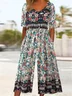 Women Floral V Neck Half Sleeve Casual Summer Jumpsuit