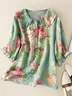 Women Floral Short Sleeve Shirt Summer Printing Shawl Collar Daily Casual Top