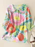 Women Floral Short Sleeve Shirt Summer Printing Shawl Collar Daily Casual Top
