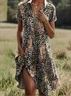 Women Floral Short Sleeve Summer Printing Dress Shawl Collar Daily Casual Knee Length A-Line Dress