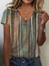 Women Striped Short Sleeve Tee T-shirt V Neck Printing Casual Summer Graphic Tee Top
