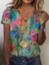 Women Floral Short Sleeve Tee T-shirt V Neck Printing Casual Summer Graphic Tee Top
