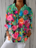 Women Floral Three Quarter Sleeve Shirt Spring/Fall Printing Shirt Collar Daily Casual Top