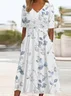 Women Floral Short Sleeve Summer Printing Dress V Neck Daily Casual Maxi A-Line Dress
