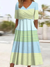 Women Striped Short Sleeve Summer Printing Dress V Neck Daily Casual Maxi A-Line Dress