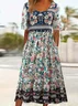 Women Floral Short Sleeve Summer Printing Dress Crew Neck Daily Casual Maxi Shift Dress H-Line Dress