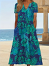 Women Floral Short Sleeve Summer Printing Dress V Neck Daily Casual Maxi Fit & Flare Dress H-Line Dress
